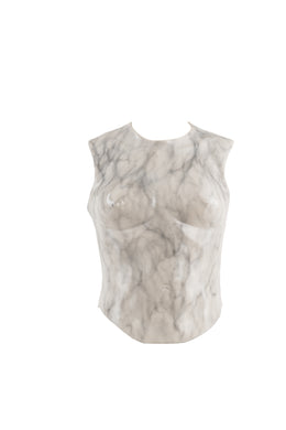 Women’s white faux marble vest accented with strong dark veining