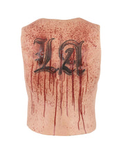 Men's hyper-realistic flesh vest with stylized tattooing and bleeding bullet wounds