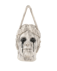 White faux marble handbag accented with strong dark veining